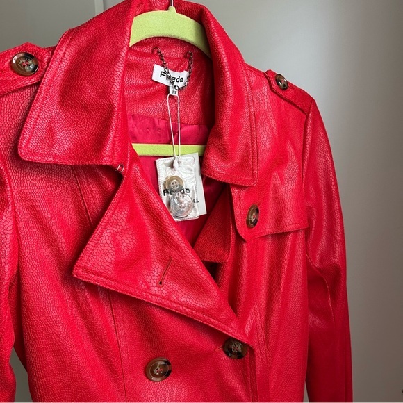 freda Jackets & Blazers - Freda Red Faux Leather Trench Coat